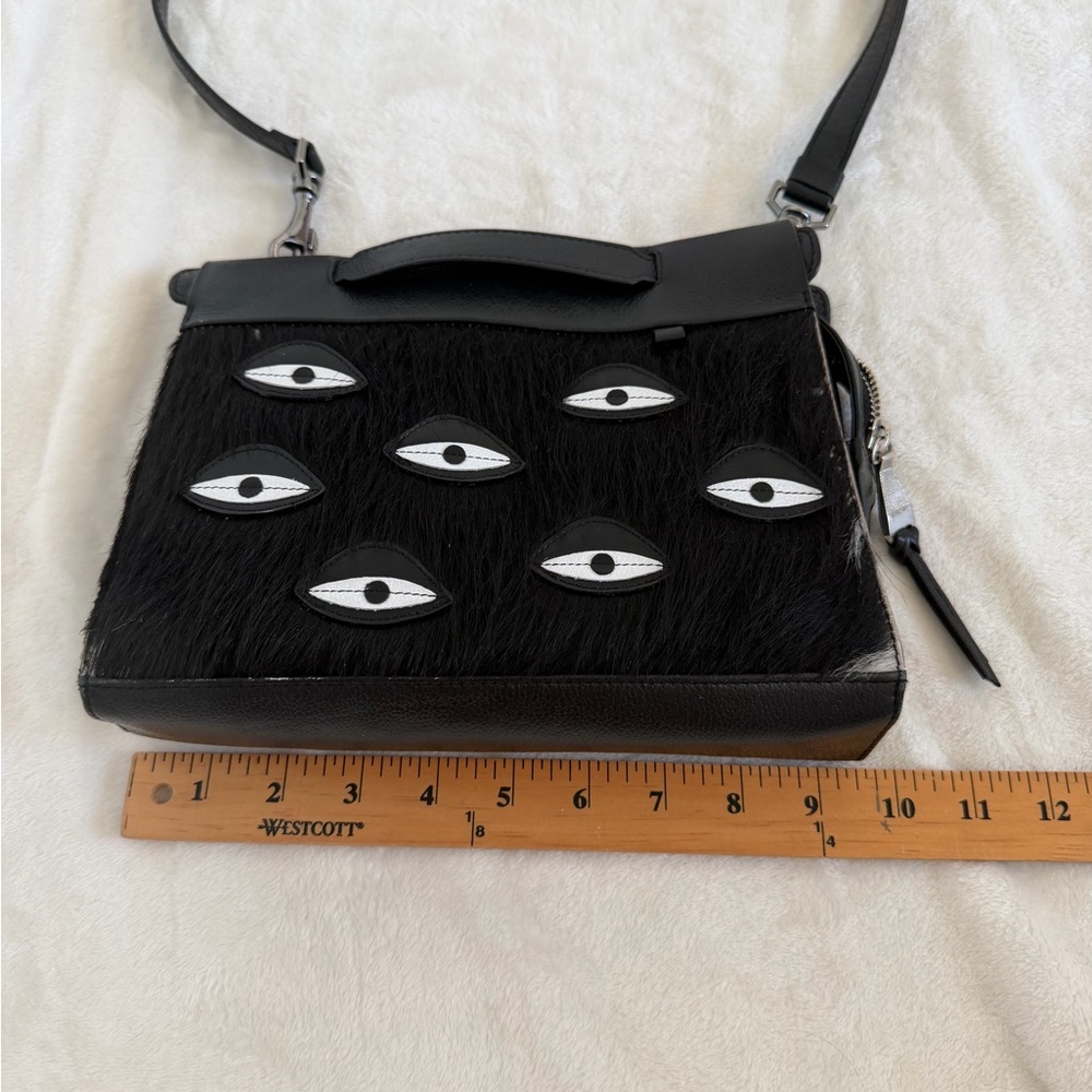 Min & Mon Vali Crossbody Small Black Leather Bag w/ black fur. “All Over Eyes” - Picture 7 of 16